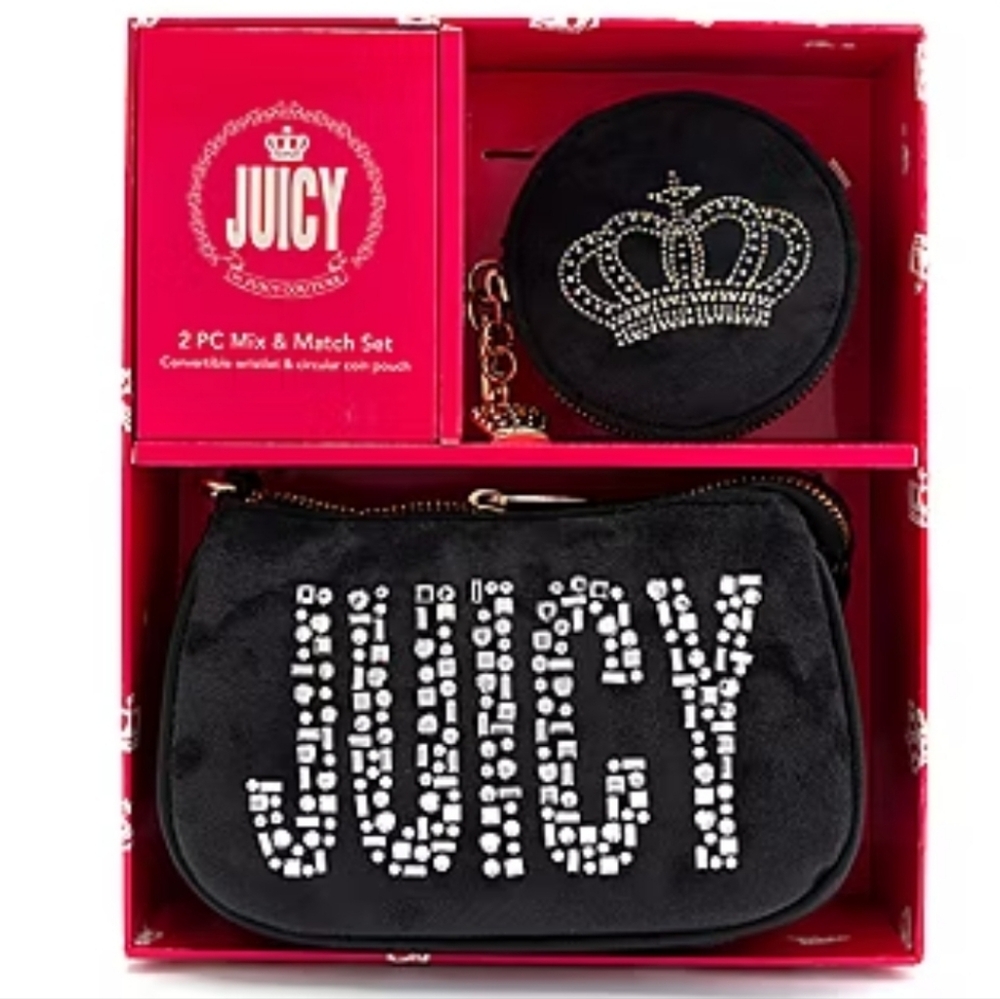 Juicy Couture Black Velour Rhinestone Wristlet and Coin Pouch 2 Piece Set - Picture 3 of 7